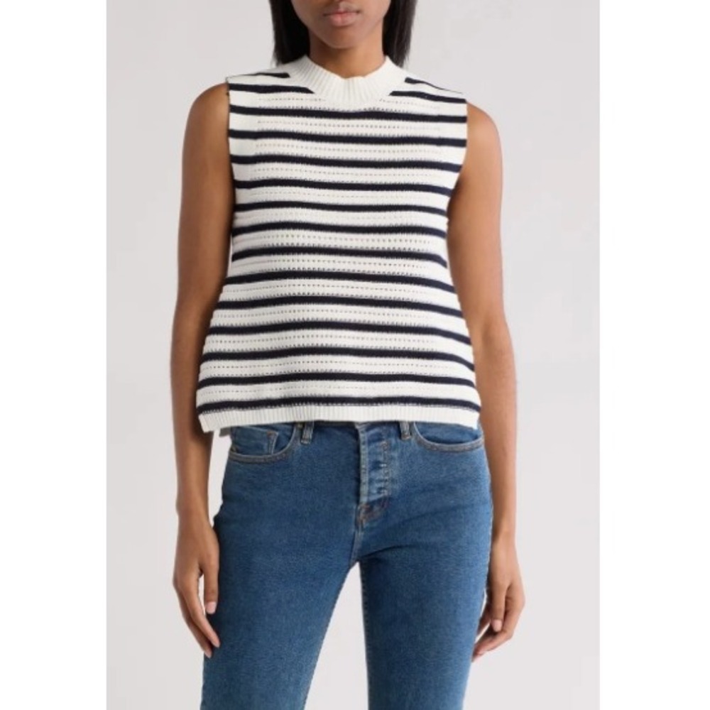 French Connection Navy & White Striped Cropped Crochet Top XS | 100% Cotton